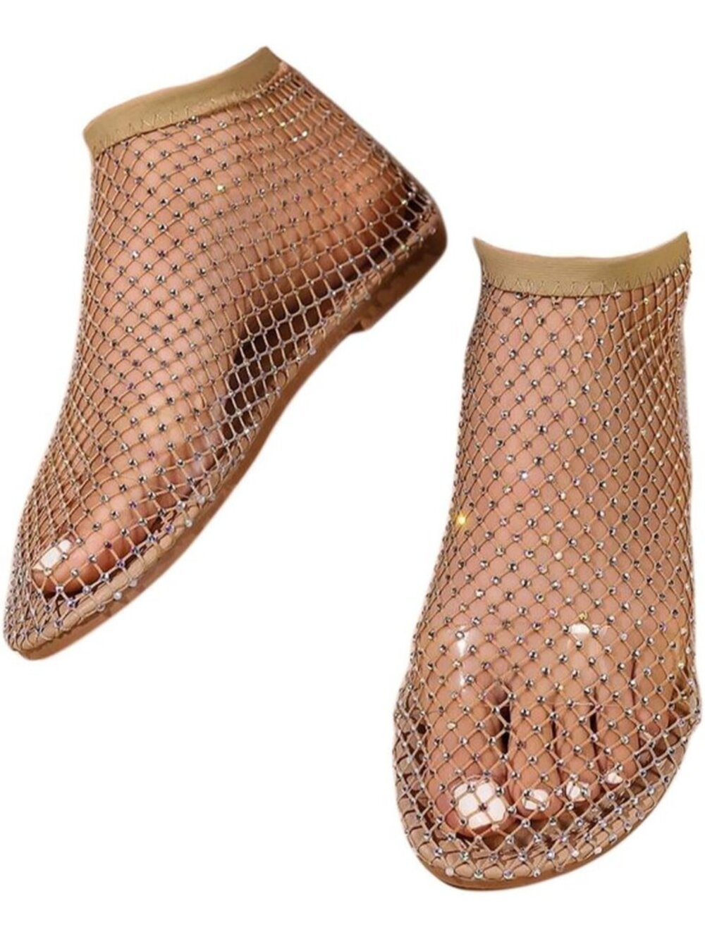 Women's Gold Mesh Comfortable Fishnet Low Heel Slip on Rhinestone Flats Shoes